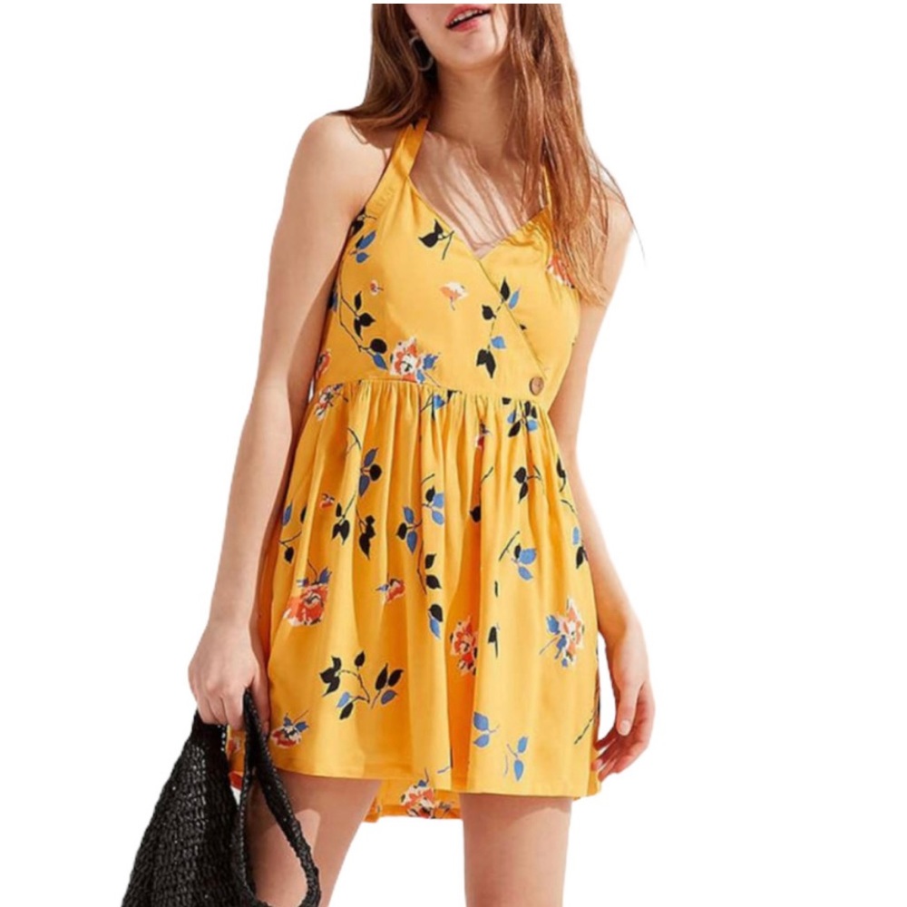 Urban Outfitters Pippa Yellow Floral Halter Dress Babydoll Mini Small 90’s